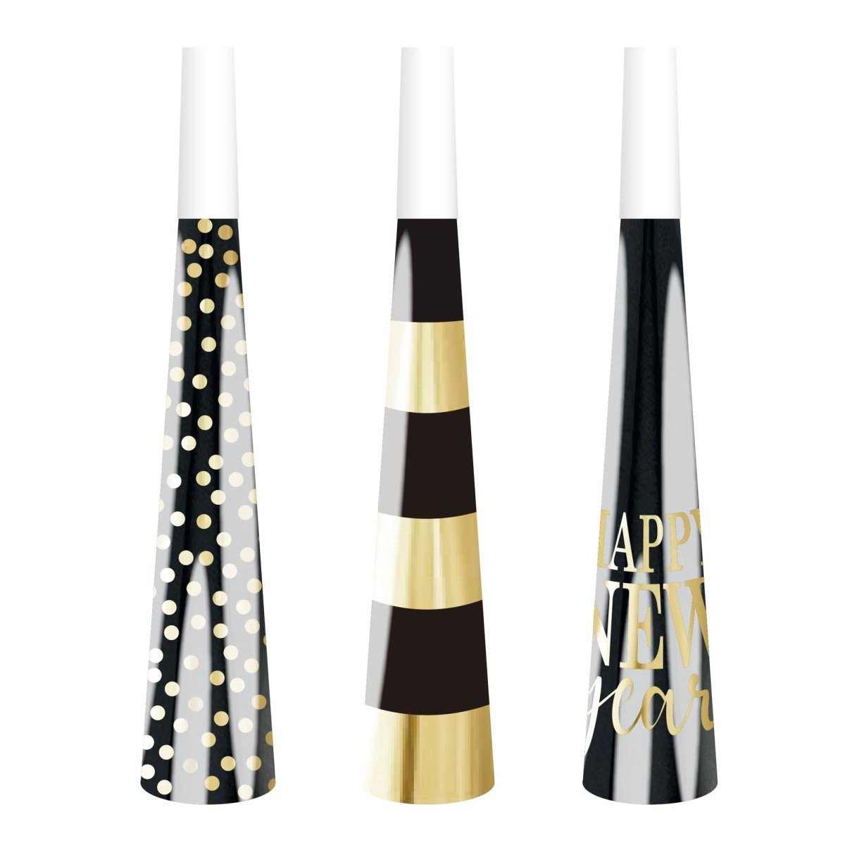 Gold and Black "Happy New Year" Party Horns, 6 Count - Default Title