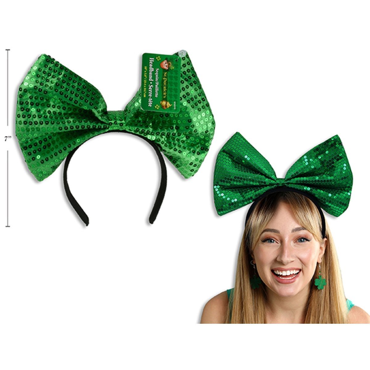 St-Patrick's Green Sequin Bow Tie Headband, 1 Count - Default Title